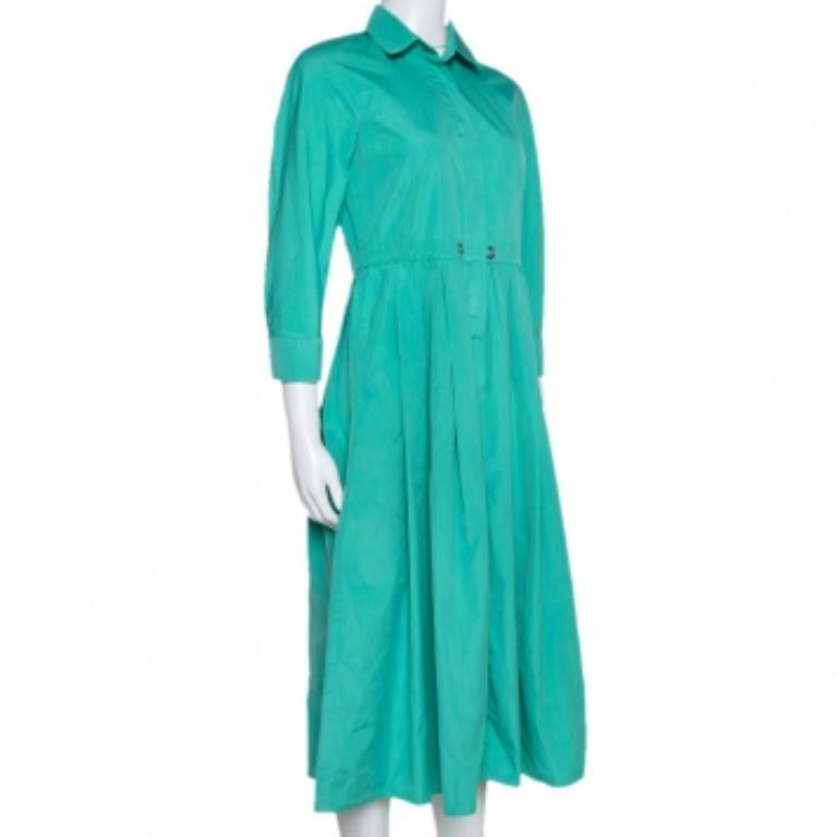 Max Mara Green Cotton Button Front Shirt Dress S In Good Condition For Sale In Dubai, Al Qouz 2