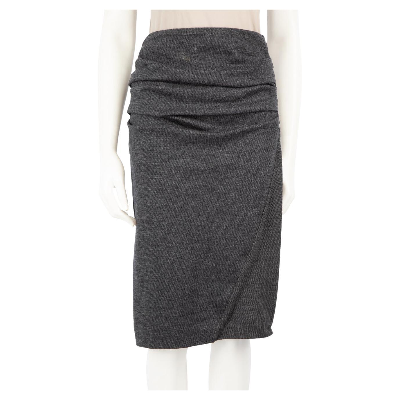Max Mara Grey Wool Ruched Detail Midi Skirt Size S