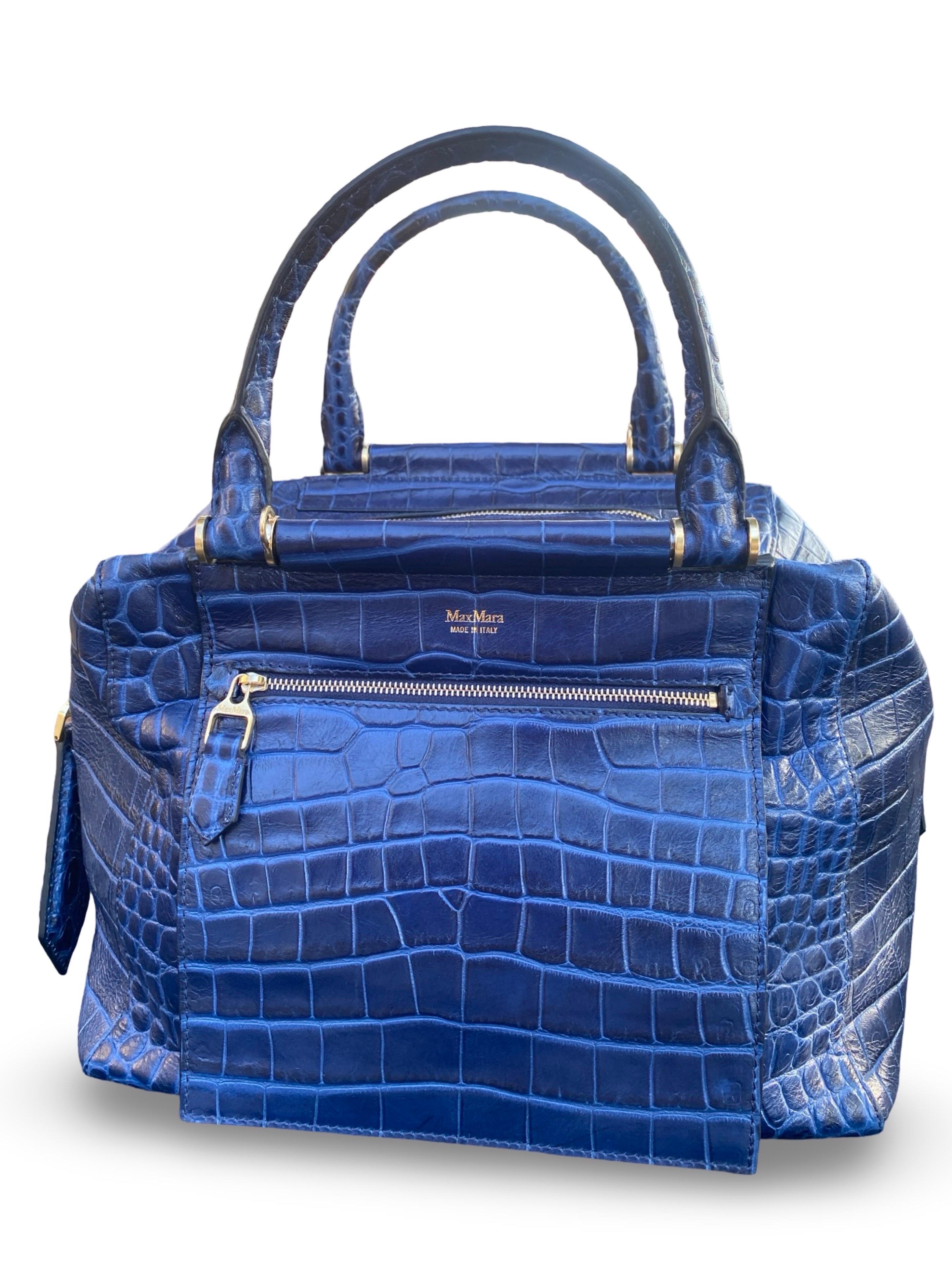 Max Mara Italian Navy Blue Leather Embossed Crocodile Shoulder Bag Sold Out Ed. For Sale 8