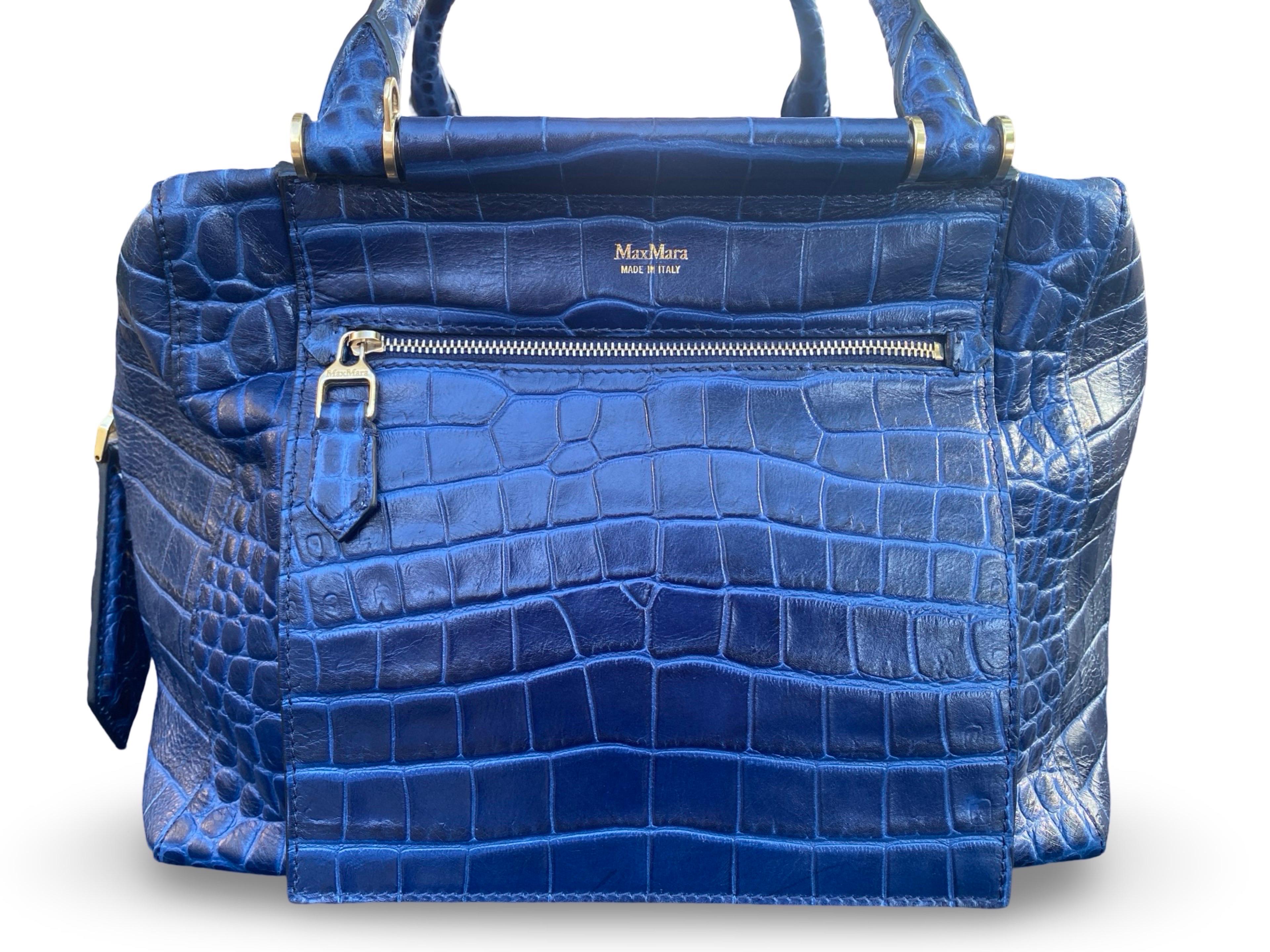 Max Mara Italian Navy Blue Leather Embossed Crocodile Shoulder Bag Sold Out Ed. For Sale 9