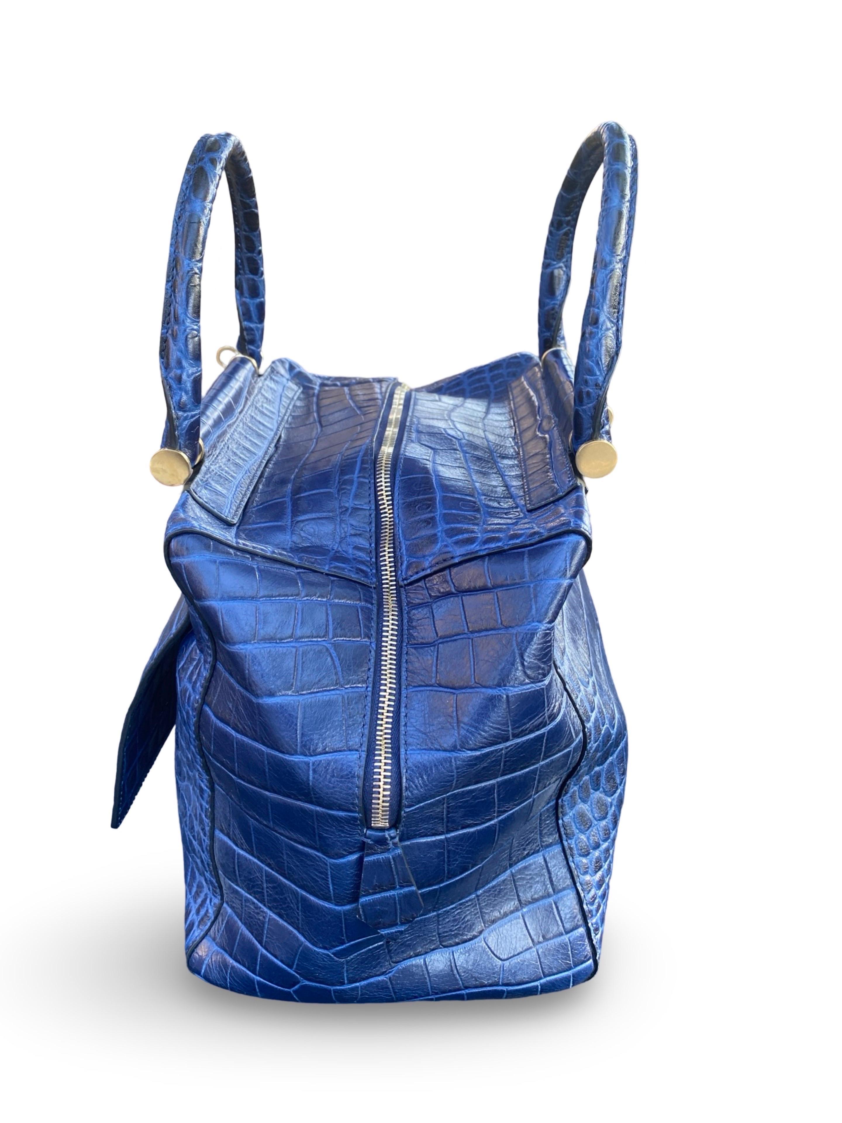 Max Mara Italian Navy Blue Leather Embossed Crocodile Shoulder Bag Sold Out Ed. For Sale 11