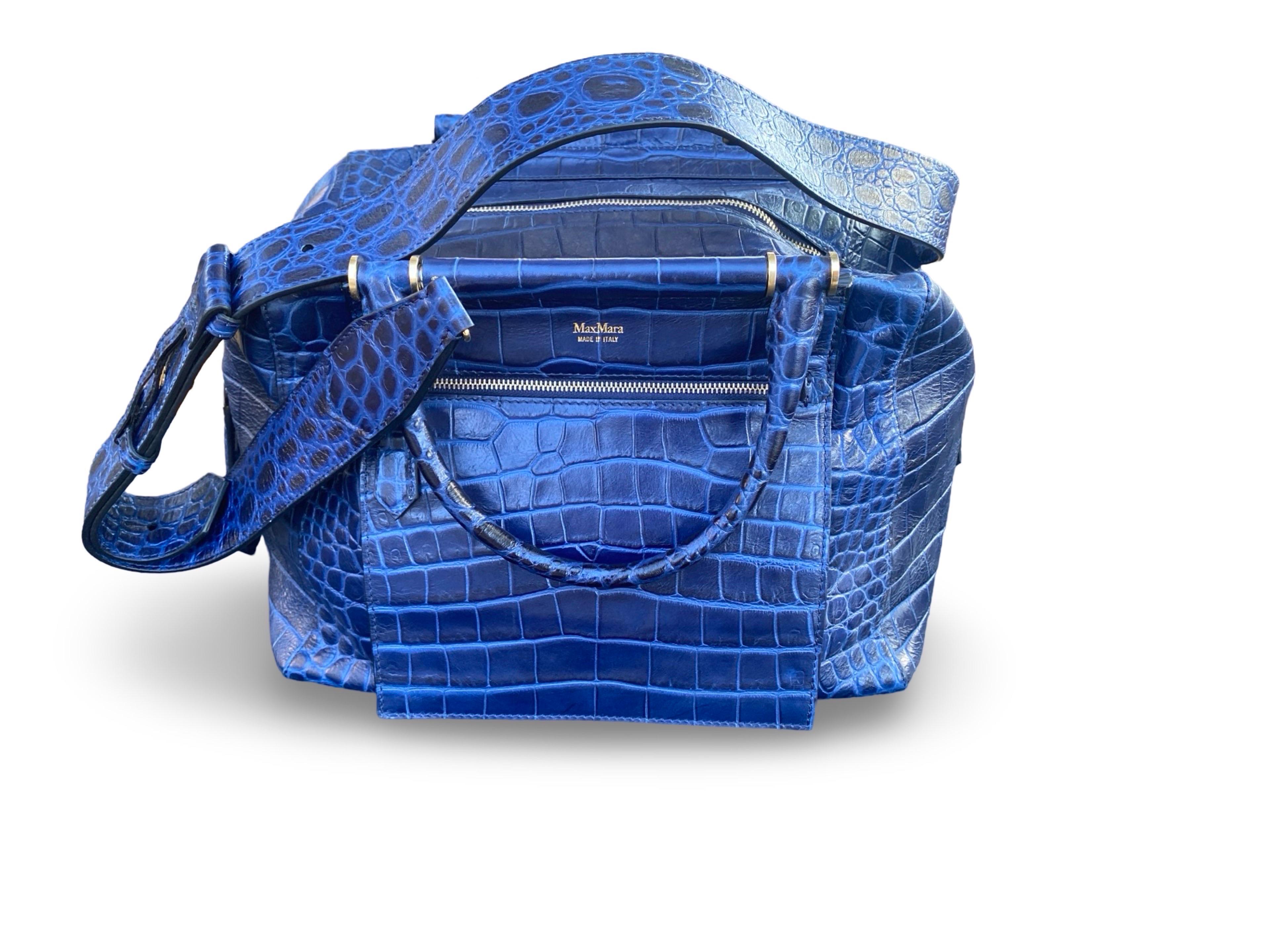Women's or Men's Max Mara Italian Navy Blue Leather Embossed Crocodile Shoulder Bag Sold Out Ed. For Sale