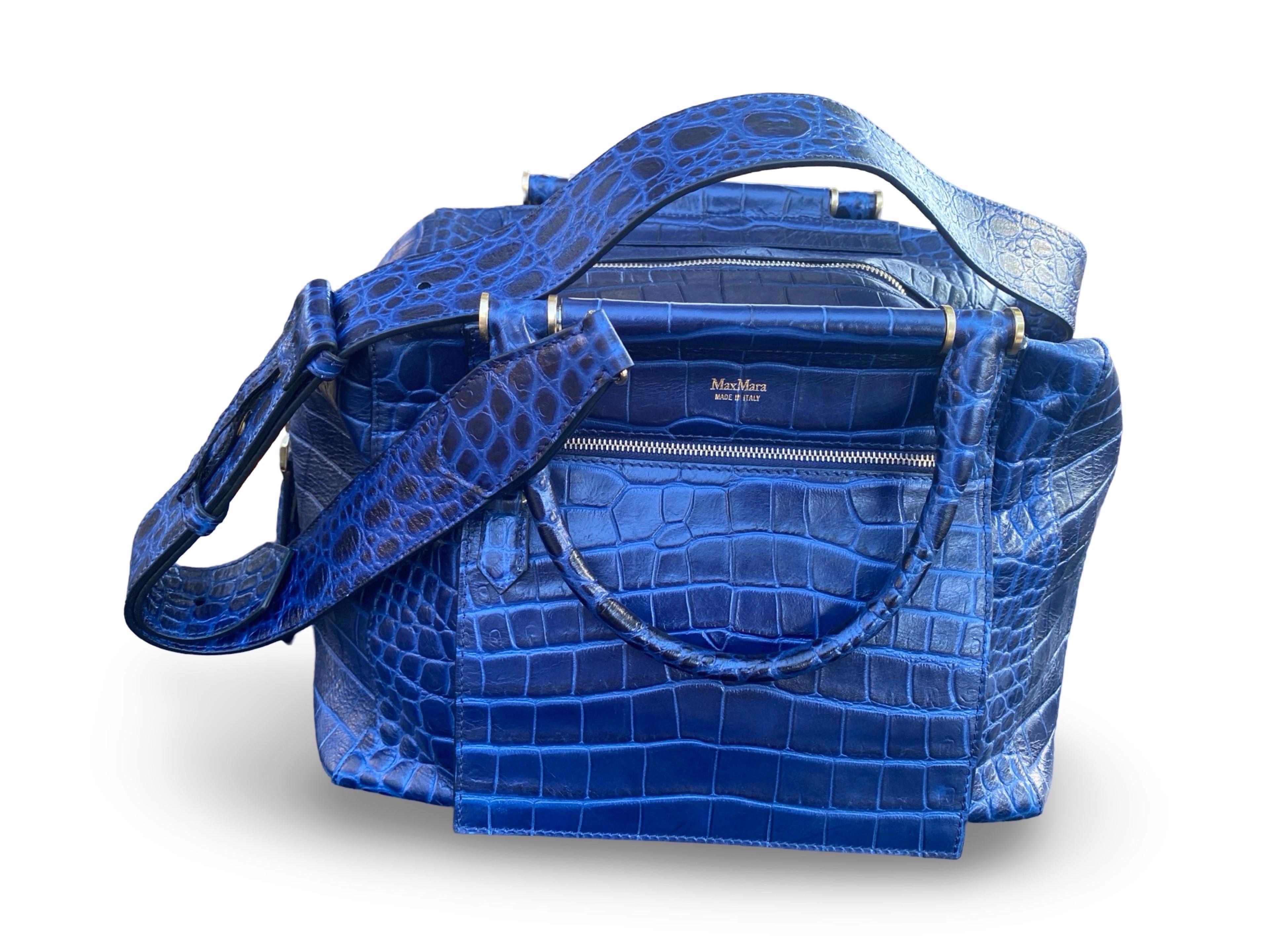 Max Mara Italian Navy Blue Leather Embossed Crocodile Shoulder Bag Sold Out Ed. For Sale 2