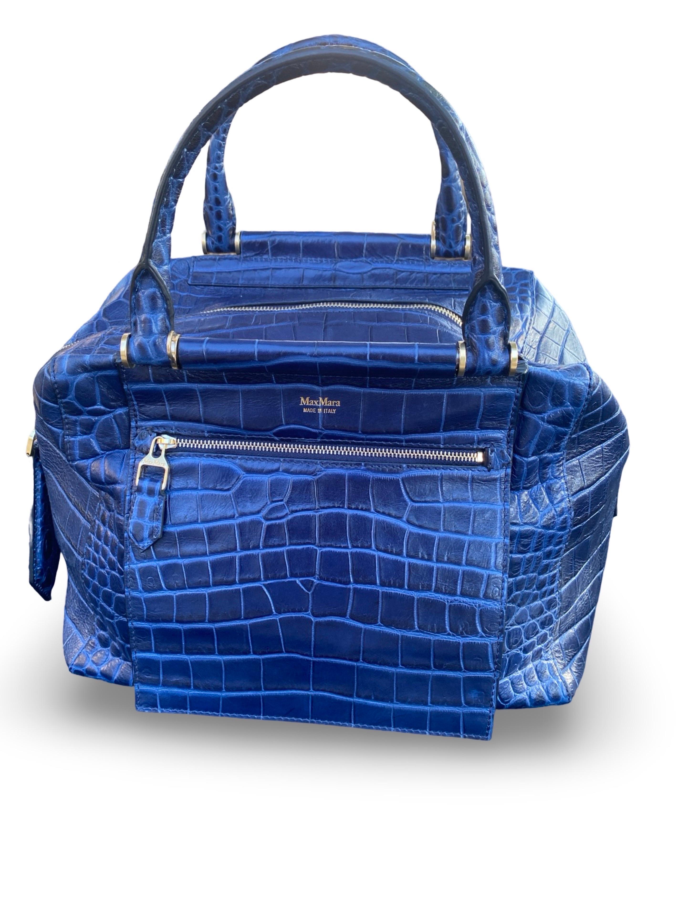 Max Mara Italian Navy Blue Leather Embossed Crocodile Shoulder Bag Sold Out Ed. For Sale 3