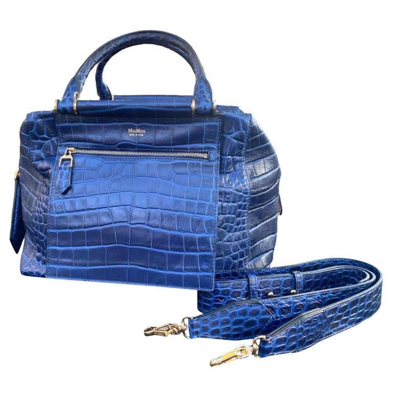 Max Mara Italian Navy Blue Leather Embossed Crocodile Shoulder Bag