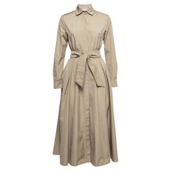 Max Mara Khaki Brown Cotton Button Front Belted Shirt Dress S