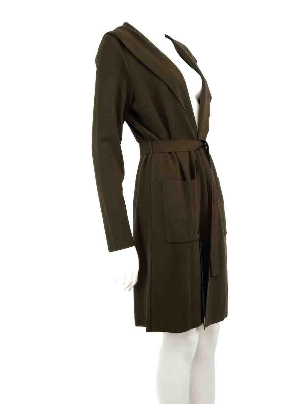 CONDITION is Very good. Hardly any visible wear to coat is evident on this used Max Mara designer resale item.
 
 Details
 Khaki
 Wool
 Knit coat
 Hooded
 Long sleeves
 Belt tie fastening
 2x Front pockets
 
 
 Made in Italy
 
 Composition
 100%