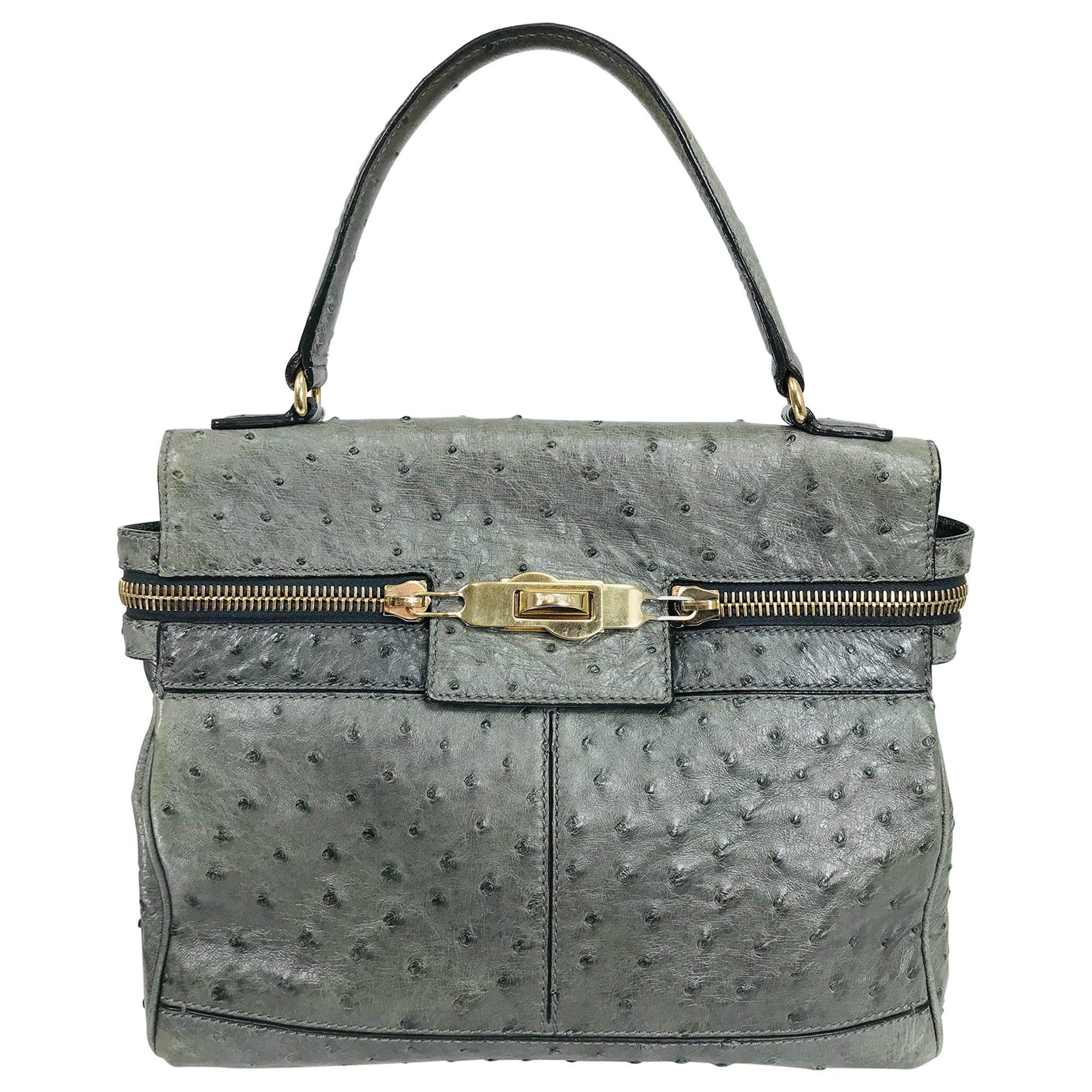 Max Mara Limited Edition Margaux Grey Ostrich Handbag Gold Hardware