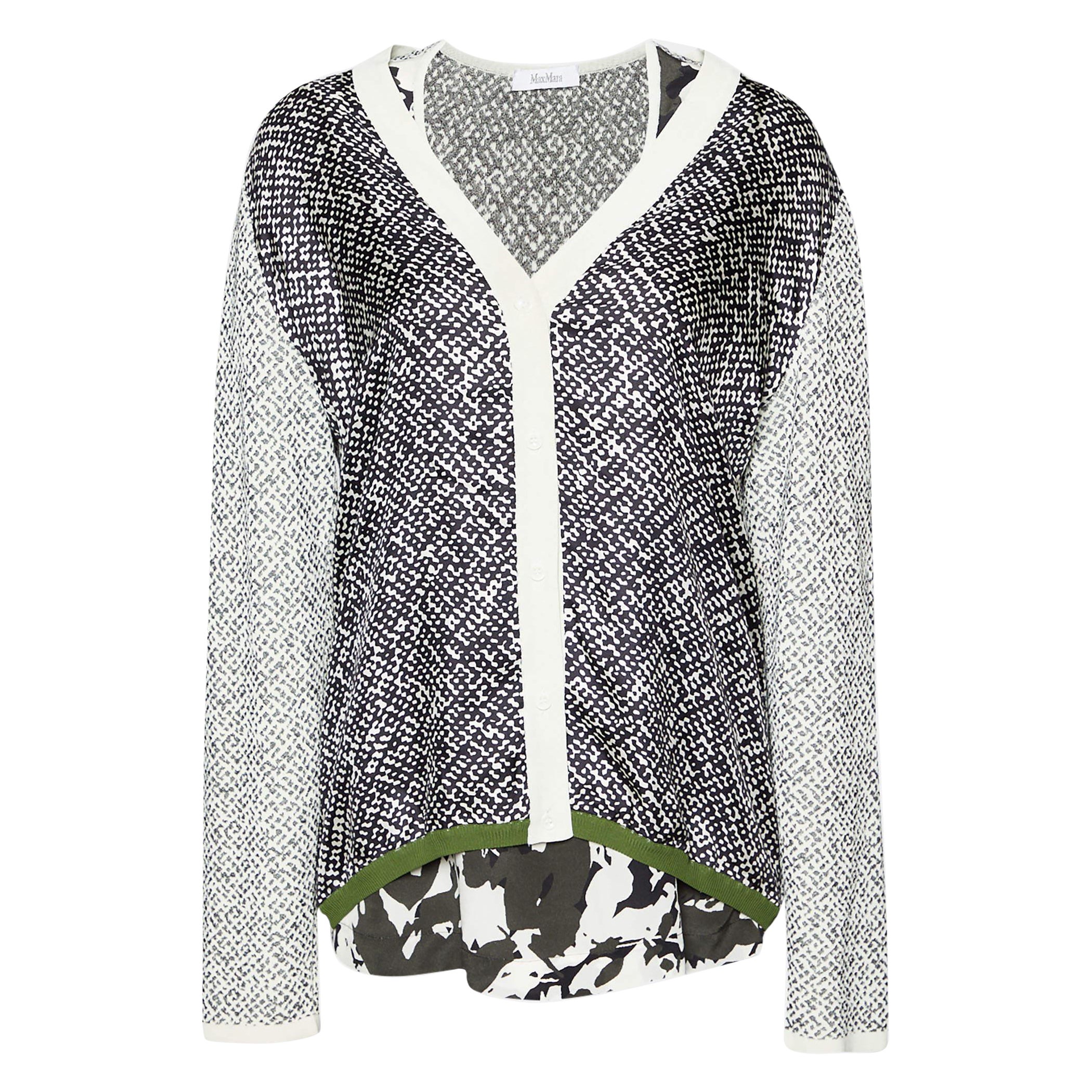 Max Mara Monochrome Knit 
Silk Paneled Top 
Cardigan Set L