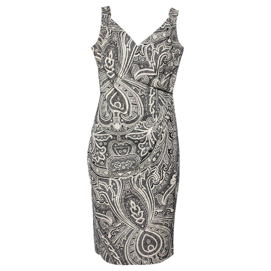 Max Mara Monochrome Paisley Printed Cotton Draped Detail Dress M