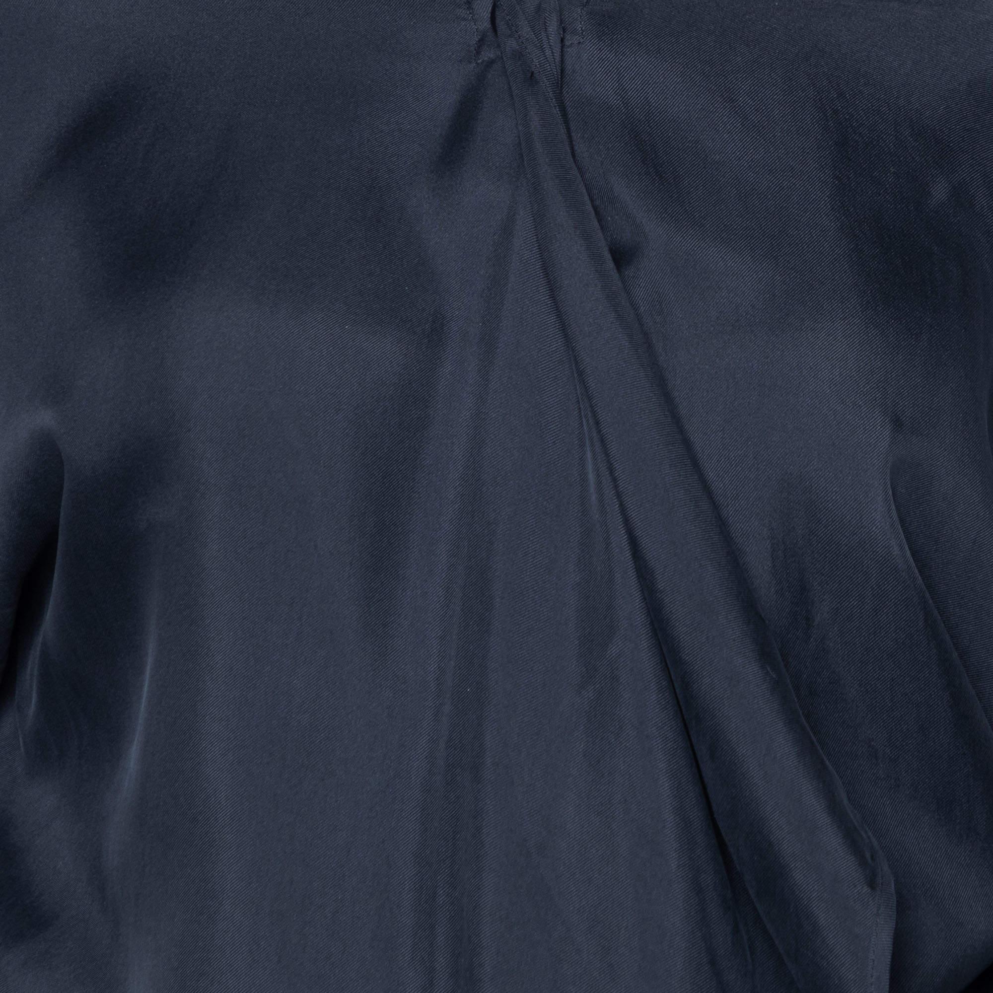 Black Max Mara Navy Blue Silk & Crepe Draped Midi Dress M