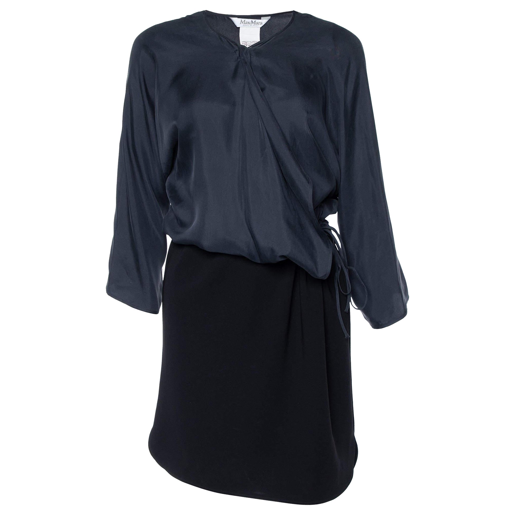 Max Mara Navy Blue Silk & Crepe Draped Midi Dress M