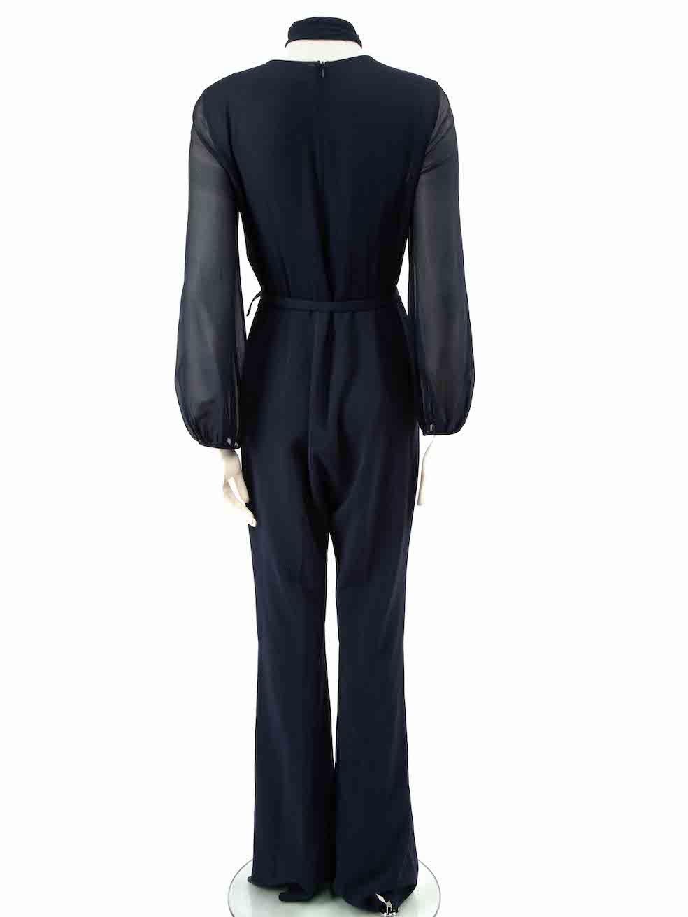 Max Mara Navy Silk Sheer Top Belted Jumpsuit Size M In Good Condition For Sale In London, GB