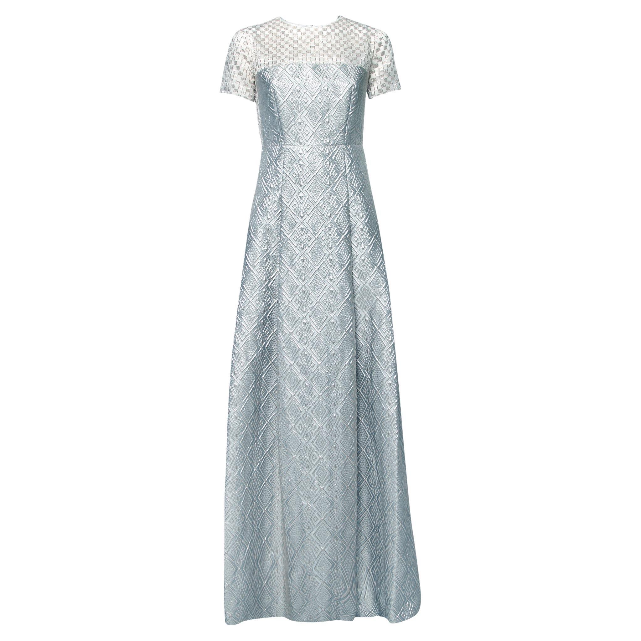 Max Mara Powder Blue Lurex Patterned ALine Pleated Fulmine Maxi Dress