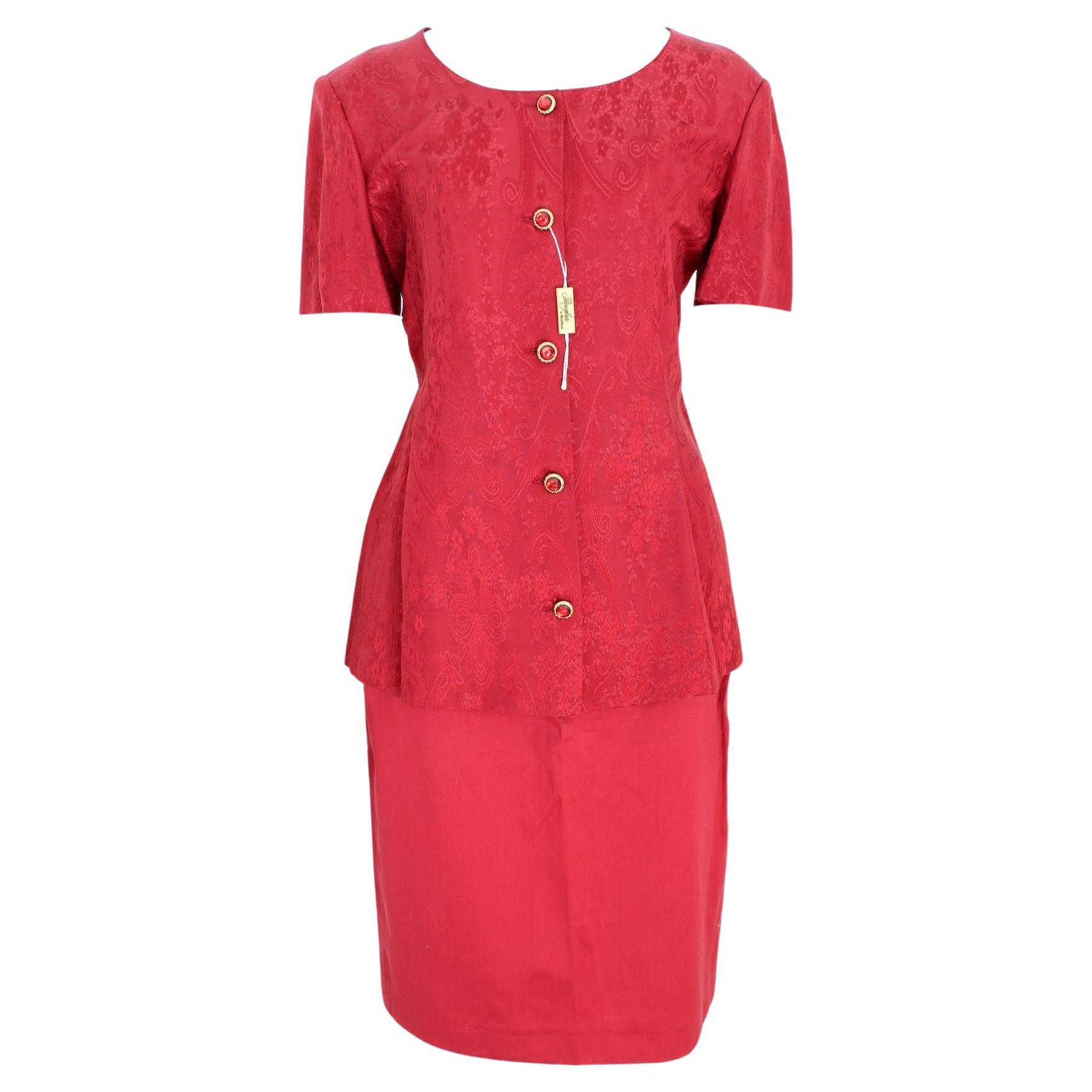 Max Mara Red Silk Damask Skirt Suit 2000s For Sale