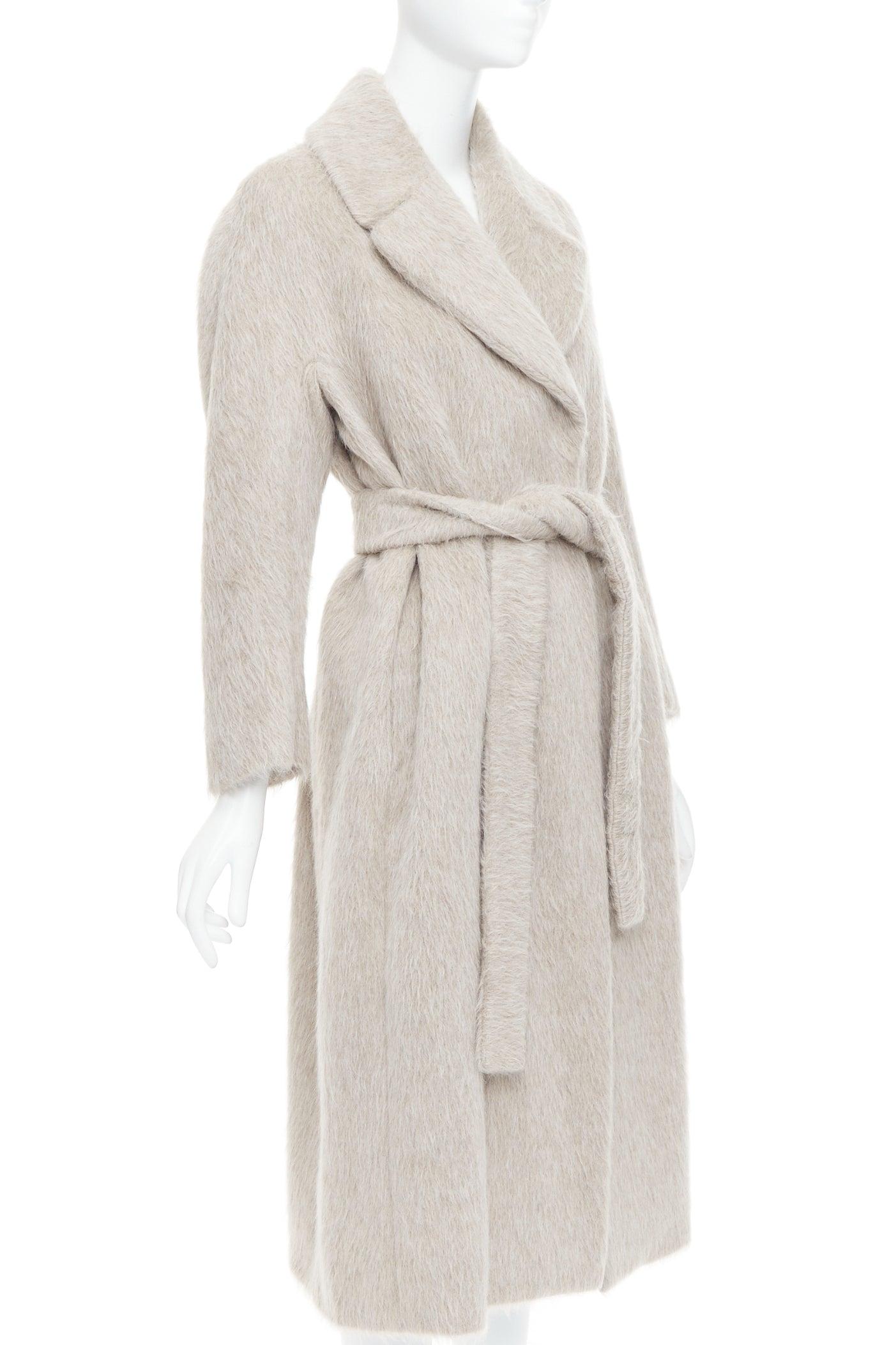 Beige MAX MARA S grey alpaca virgin wool spread collar belted long coat IT38 XS For Sale