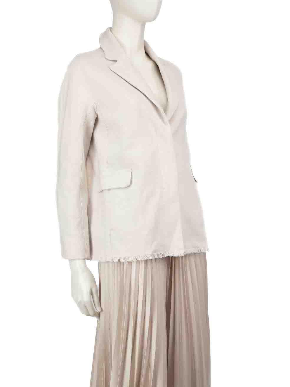 CONDITION is Good. Minor wear to blazer is evident. Light wear to the right side below the pocket is seen with a small discolouration mark on this used 'S Max Mara designer resale item.
 
 
 
 Details
 
 
 Ecru
 
 Cotton
 
 Blazer
 
 Mid length
 
