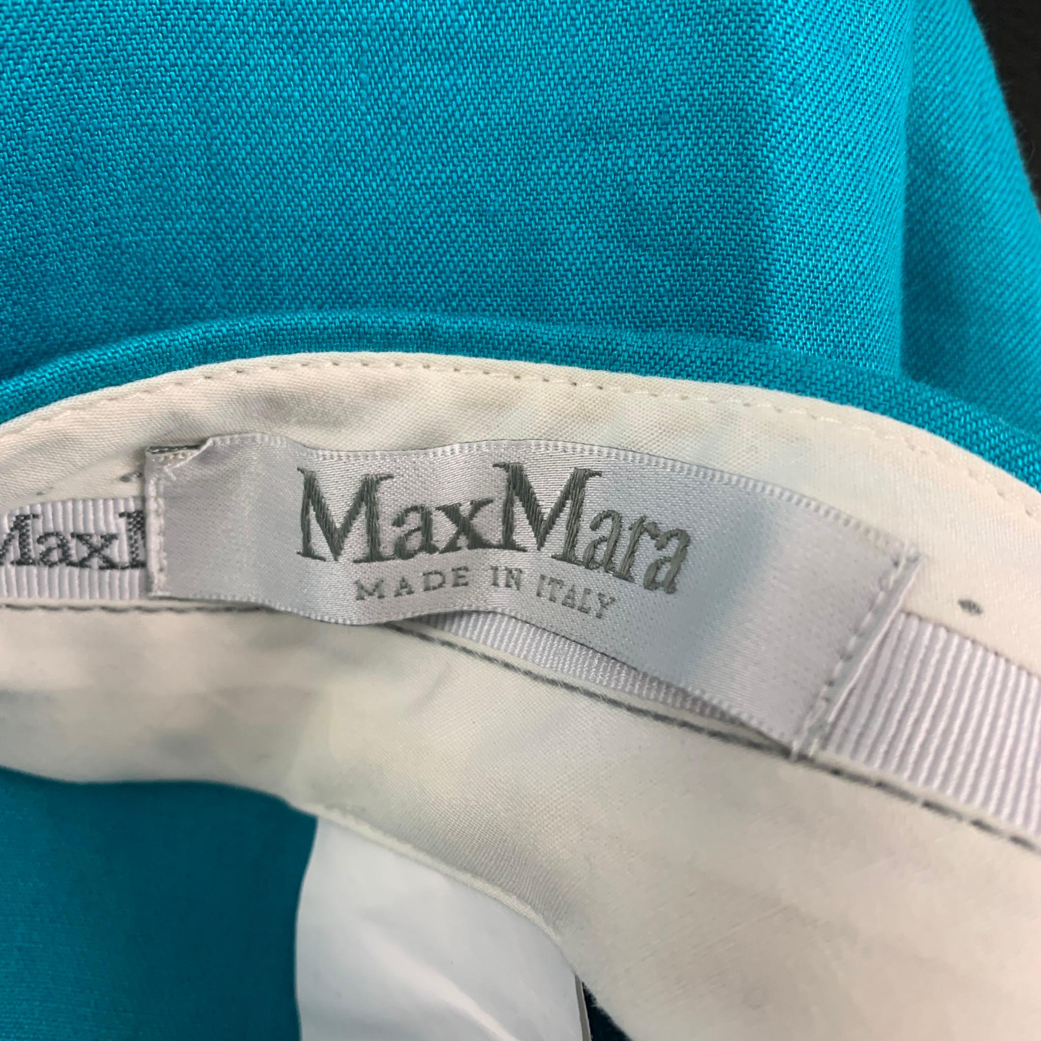 MAX MARA dress pants comes in a blue turquoise linen featuring a straight leg, front tab, and a zip fly closure. Made in Italy. 

Excellent Pre-Owned Condition.
Marked: CH 36 / USA 6 / FB 38 / MEX 28 / GB 8 / IJ 40

Measurements:

Waist: 30