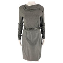 MAX MARA Size 8 Grey Viscose Belted Long Sleeve Dress