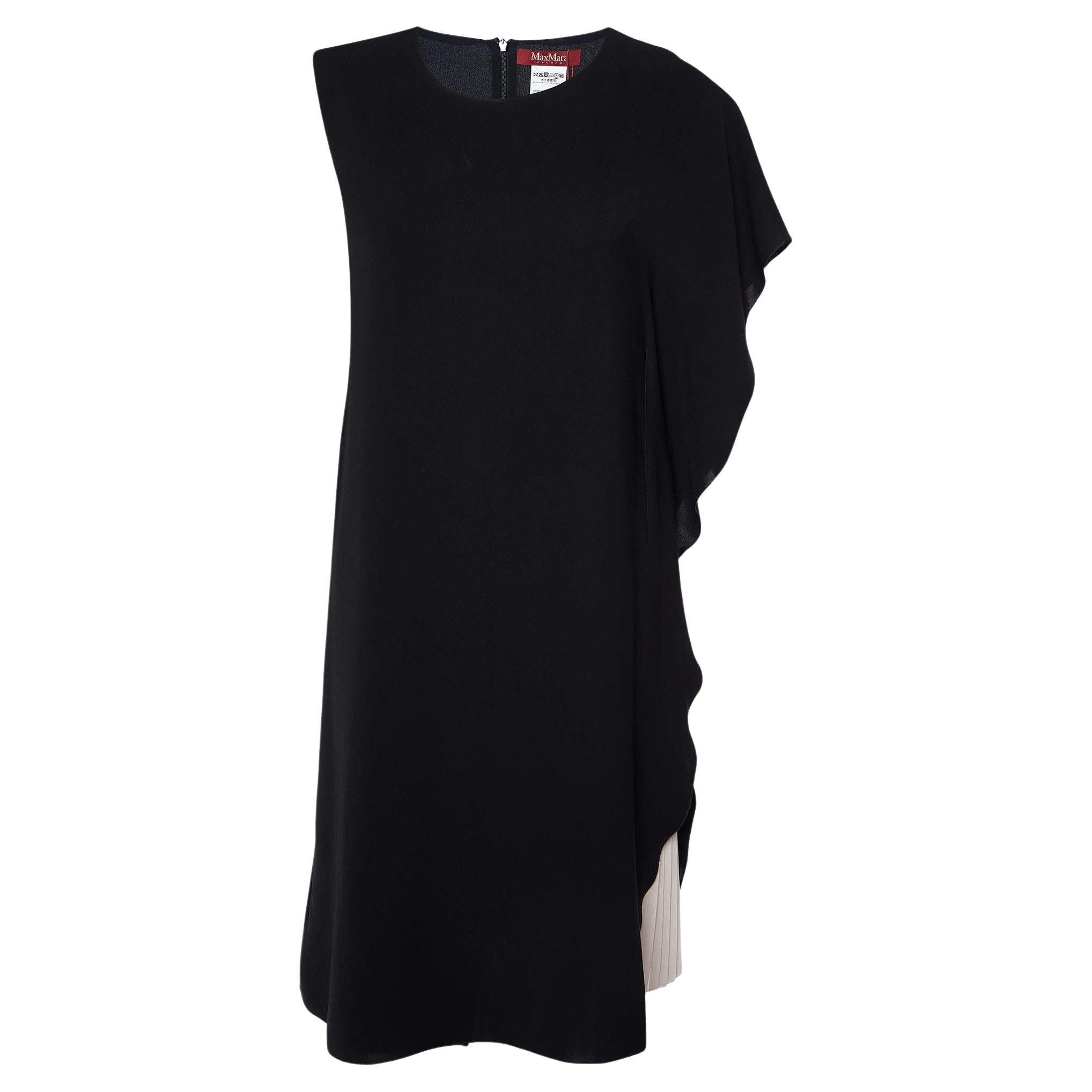 Max Mara Studio Black Crepe Contrast Pleated Asymmetric Dress M For Sale