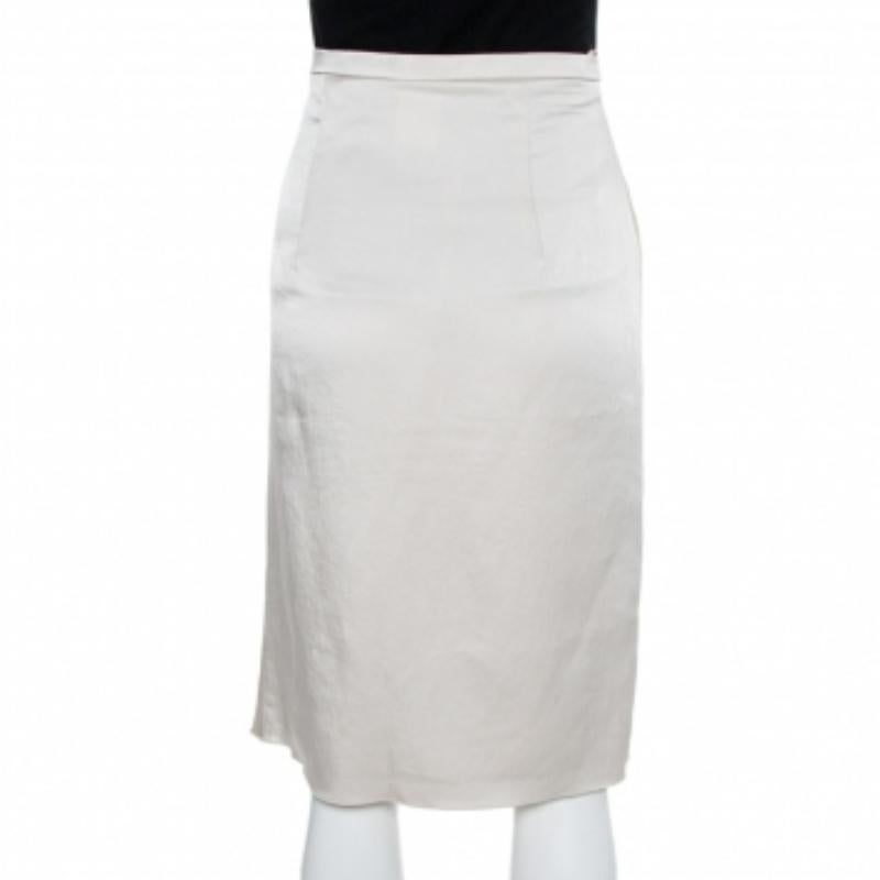 Gray Max Mara Studio Cream Satin Pleated Detail Midi Skirt S For Sale