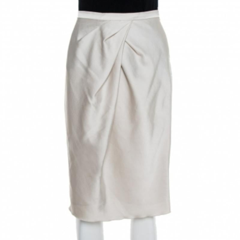 Max Mara Studio Cream Satin Pleated Detail Midi Skirt S For Sale