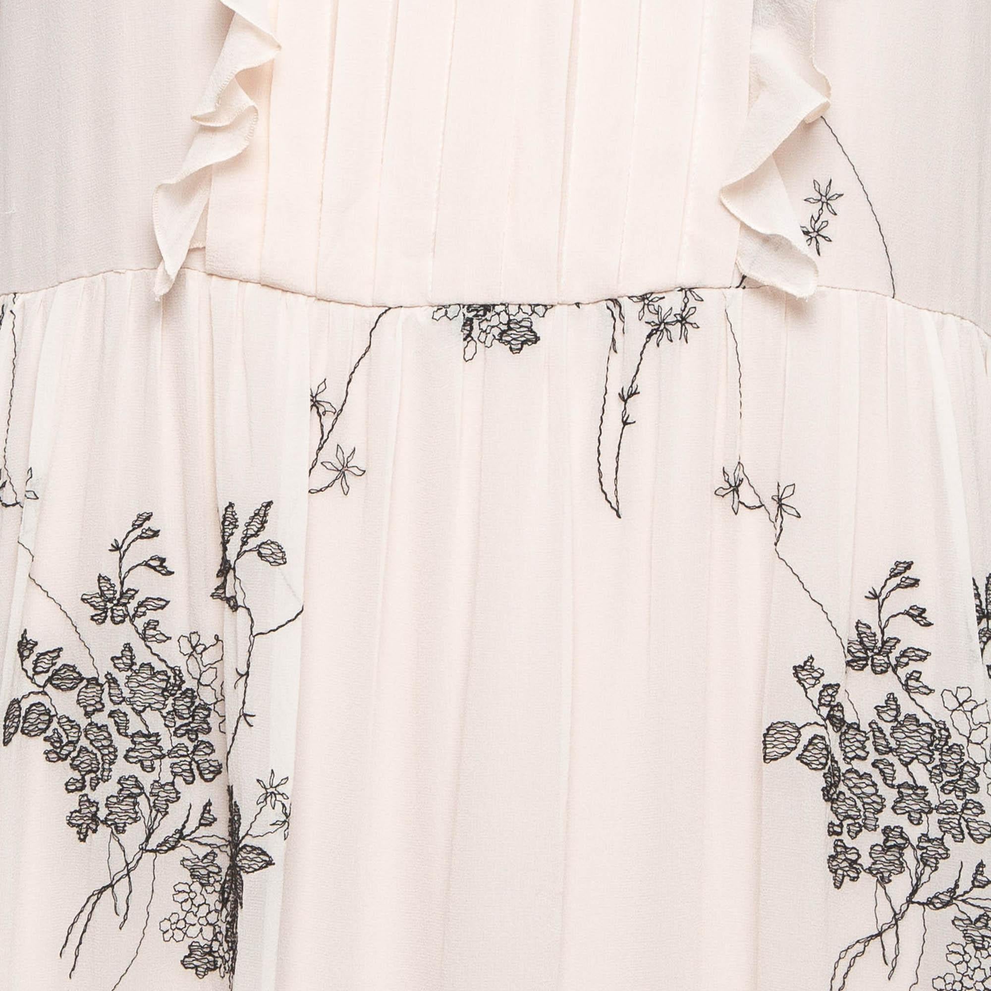 Beige Max Mara Studio Pink Silk Floral Embroidered Ruffle Detail Theodor Dress L