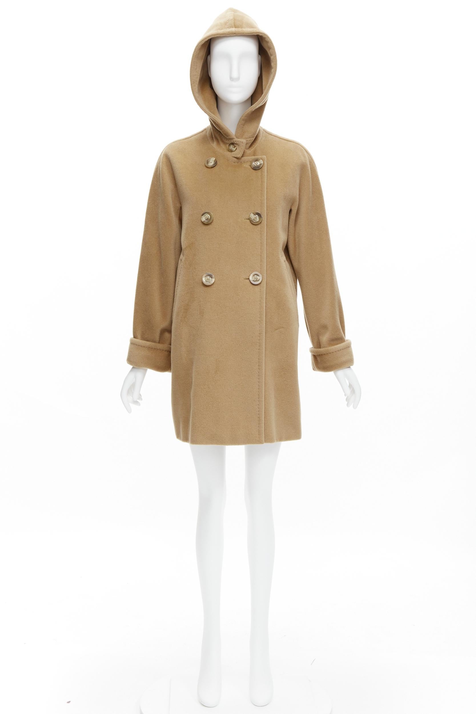 MAX MARA tan wool cashmere double breasted hooded cuffed sleeve coat IT38 S 5