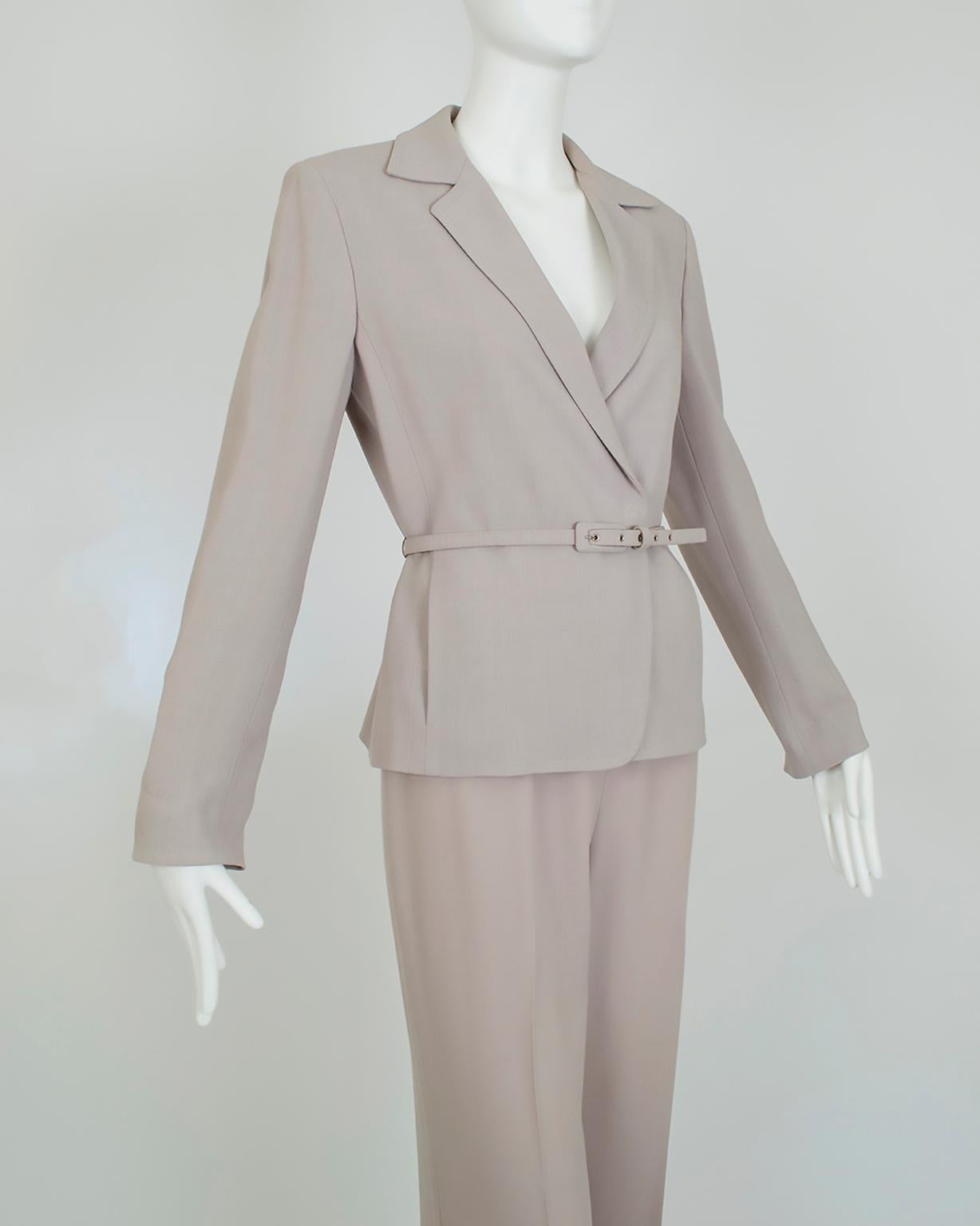 Grigio Max Mara - Tailleur in lana e crêpe di seta con cintura - 40-42, anni '90 in vendita
