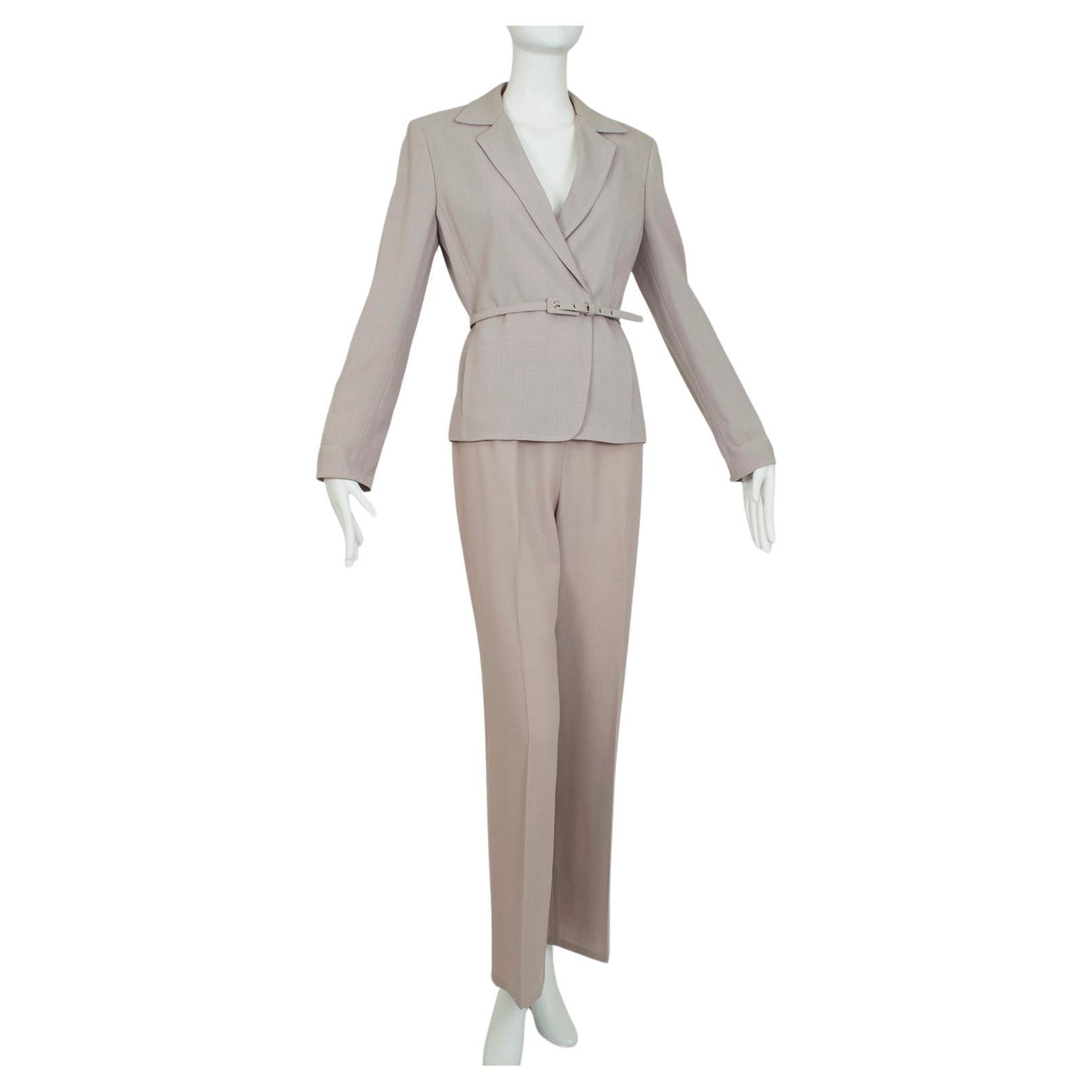 Max Mara - Tailleur in lana e crêpe di seta con cintura - 40-42, anni '90 in vendita