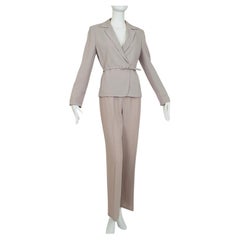Max Mara Taupe Wool and Silk Crêpe Belted Pant Suit - It 40 – 42, 1990s