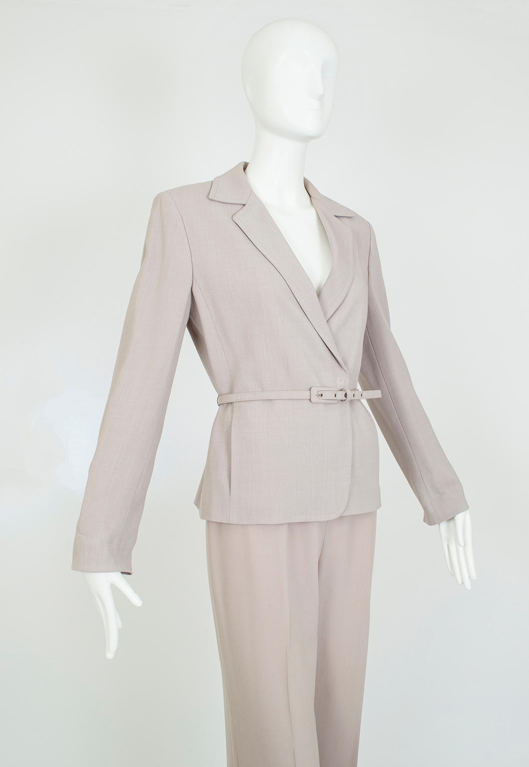 Max Mara Taupe Wool and Silk Crêpe Belted Pant Suit - It 40 – 42, 1990s In Good Condition For Sale In Tucson, AZ