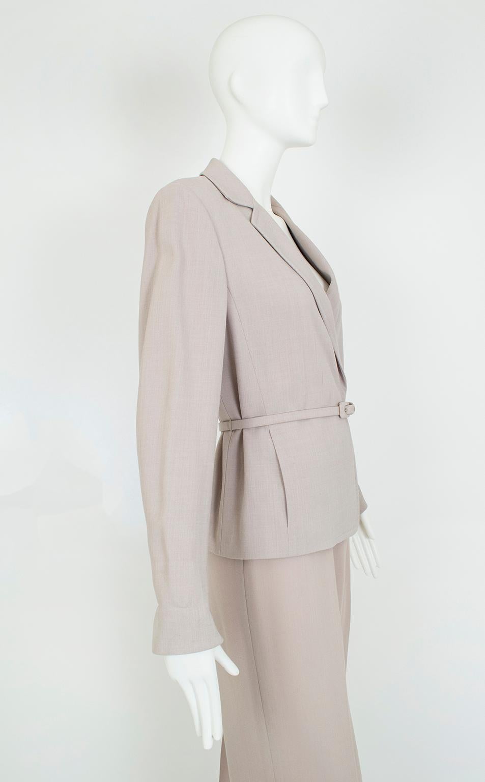 Women's Max Mara Taupe Wool and Silk Crêpe Belted Pant Suit - It 40 – 42, 1990s For Sale