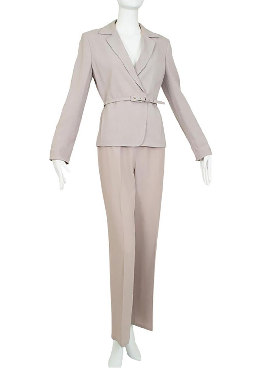 Max Mara Taupe Wool and Silk Crêpe Belted Pant Suit - It 40 – 42, 1990s For Sale