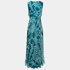 Max Mara Teal Blue Abstract Printed Chiffon Sleeveless Maxi Dress M