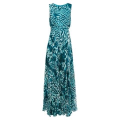 Used Max Mara Teal Blue Abstract Printed Chiffon Sleeveless Maxi Dress M