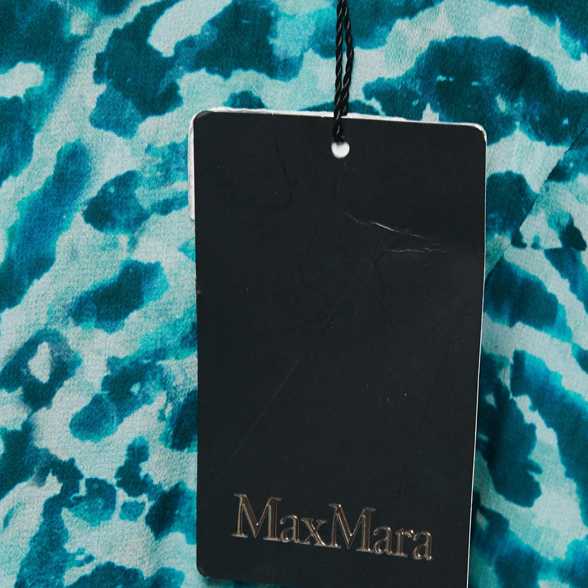 Women's Max Mara Teal Green Printed Silk Sleeveless Maxi Dress S