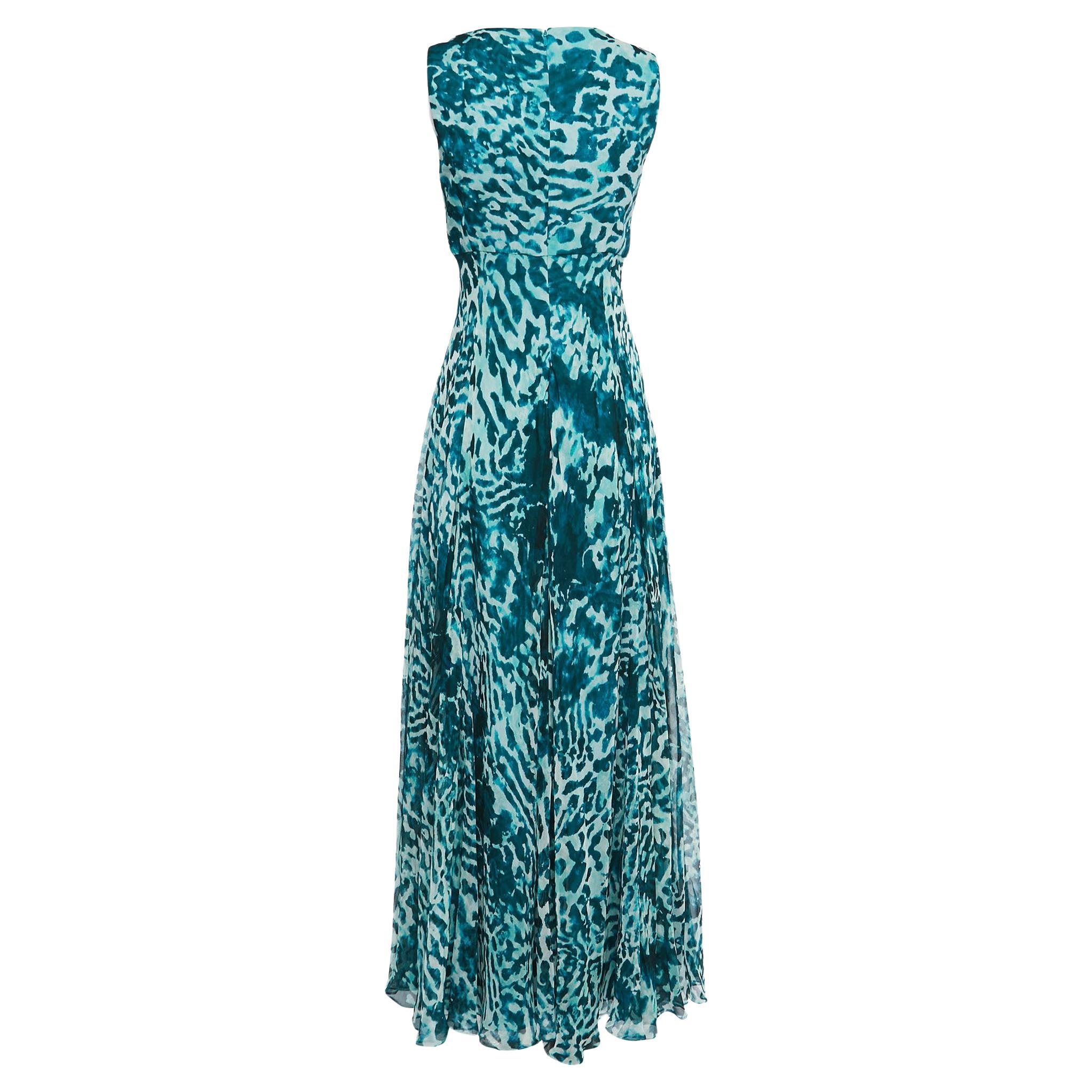 Max Mara Teal Green Printed Silk Sleeveless Maxi Dress S