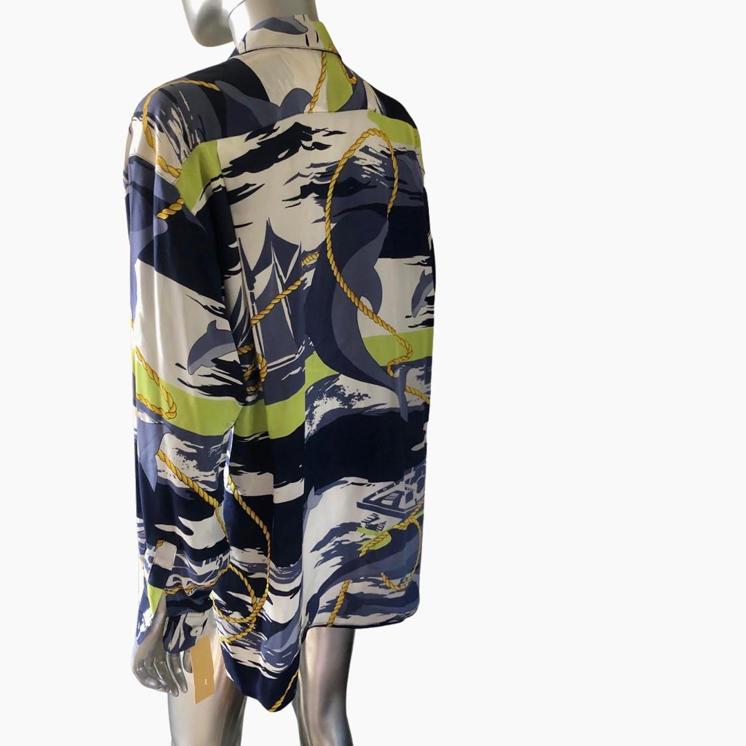 Max Mara Vintage Nautical Print Silk Blouse, Italy Size 12 In New Condition For Sale In Palm Springs, CA