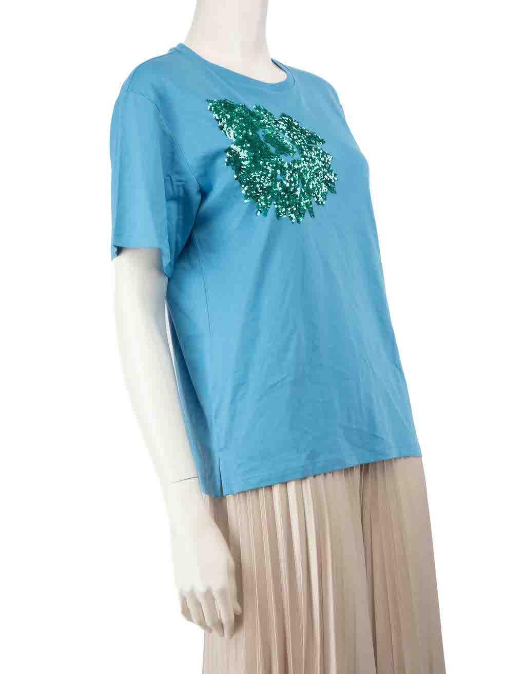 CONDITION is Very good. Hardly any visible wear to t-shirt is evident on this used Weekend Max Mara designer resale item.
 
 
 
 Details
 
 
 Blue
 
 Cotton
 
 Short sleeves T-shirt
 
 Round neckline
 
 Sequin embellishment
 
 Round neckline
 
