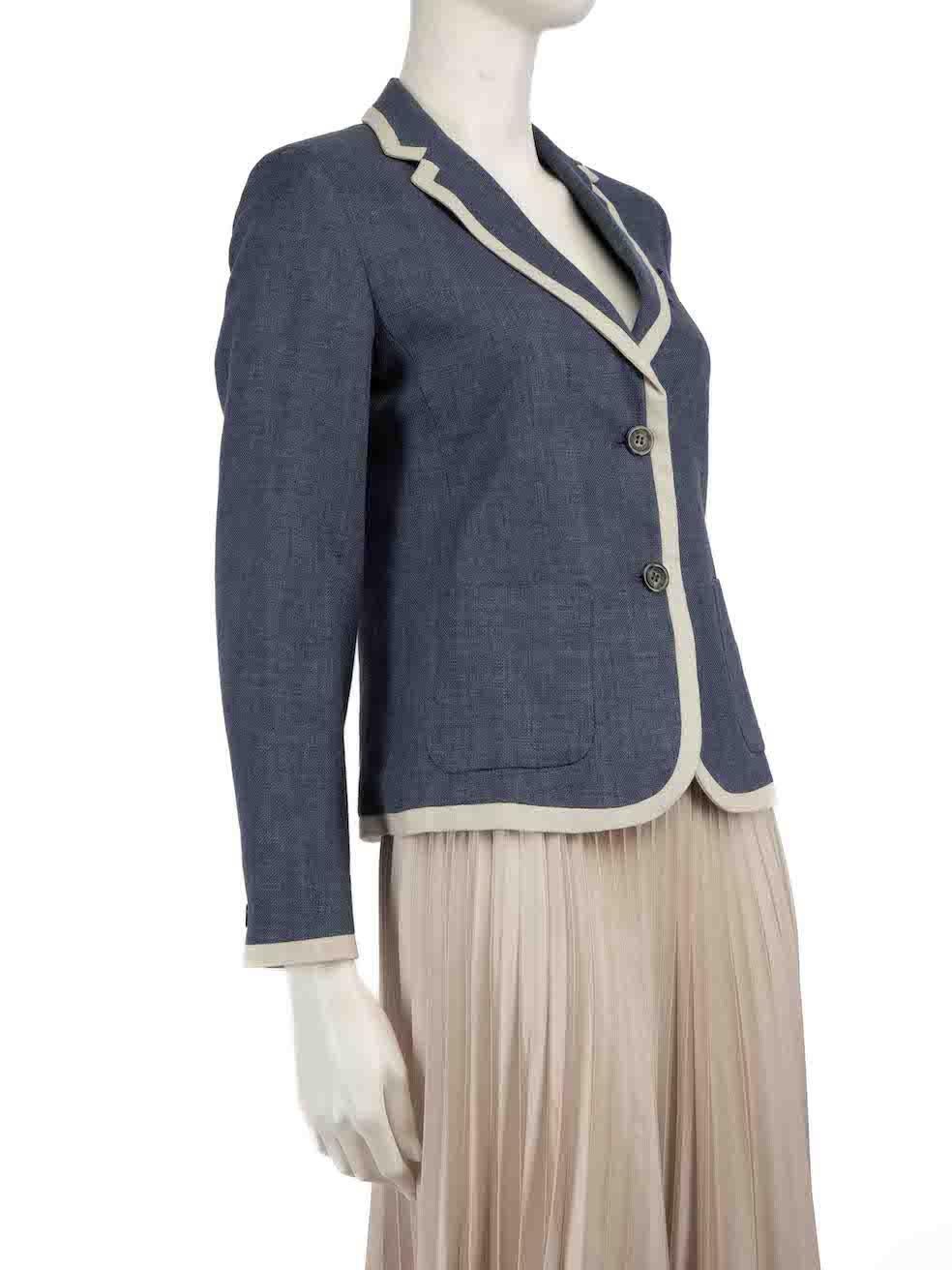 CONDITION is Very good. Minimal wear to blazer is evident. Minimal wear to the contrasting trim and sleeve linings with discolouration to the fabric on this used Max Mara Weekend designer resale item.
 
 Details
 Blue
 Wool
 Blazer
 Grey contrast