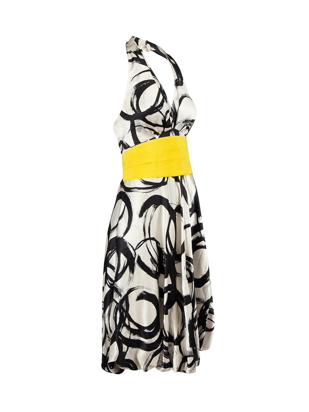 CONDITION is Very good. Minimal wear to dress is evident. Minimal wear to the belt with small marks to the front and lining on this used Max Mara designer resale item.
  
Details
White
Silk
Dress
Midi
Black paint stroke abstract