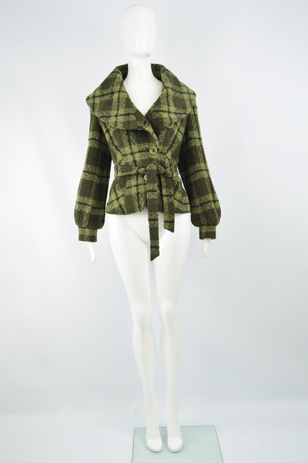 Max Mara Women's Alpaca, Wool & Angora Green Check Belted Shawl Collar Jacket 

Size: Marked UK 10 / FR 40/ US 8/ IT 42. Please check measurements. 
Bust - 38” / 96cm (allow roughly 2” room for movement)
Waist - 32” / 81cm
Length (Shoulder to Hem) -