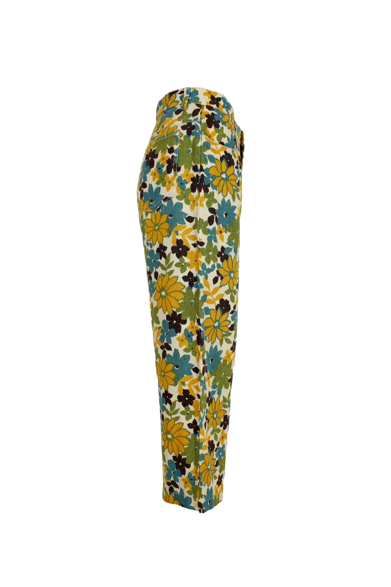 Women's Max Mara Yellow Beige Linen Floral Casual Capri Trousers