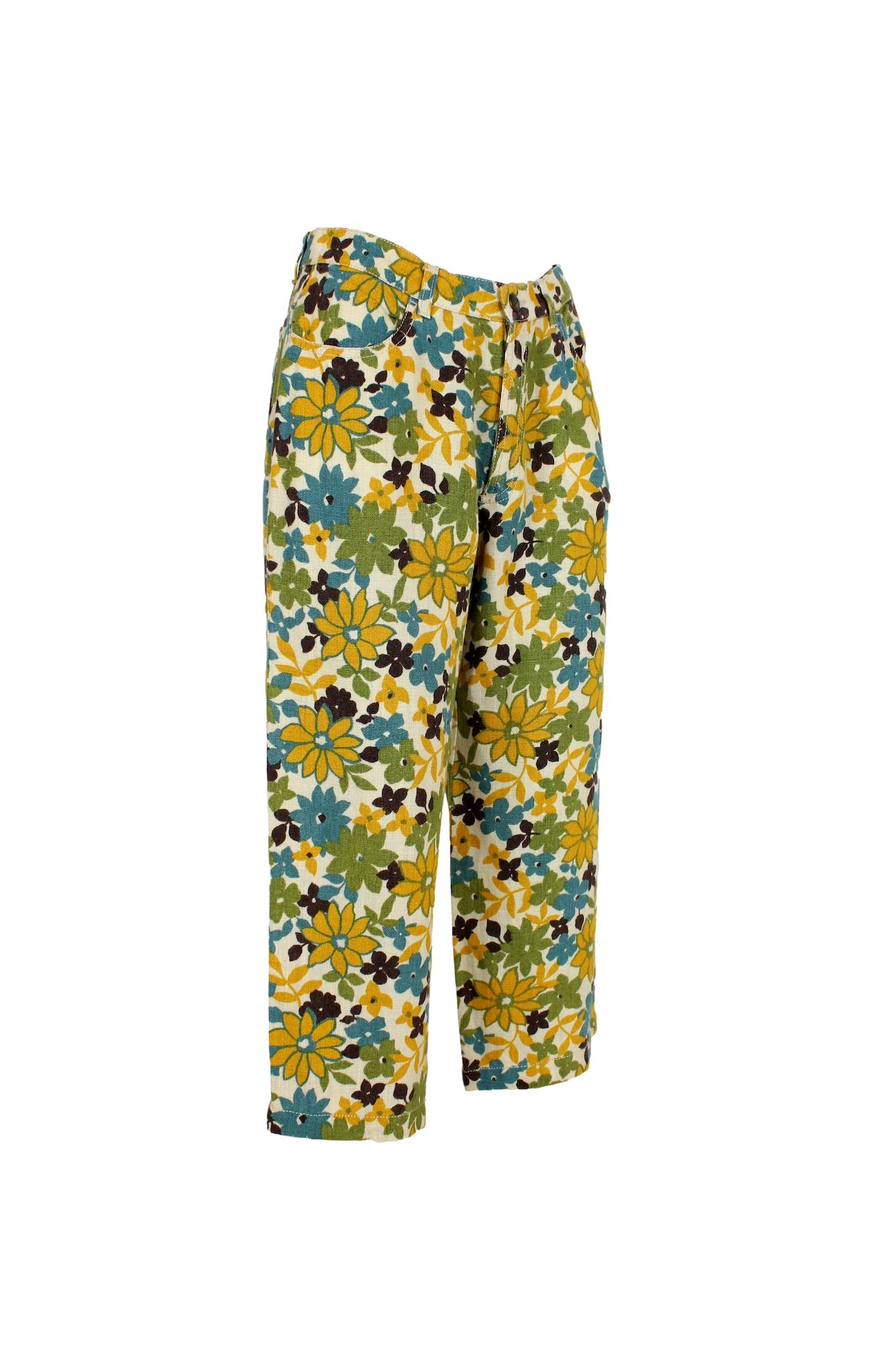 Max Mara Yellow Beige Linen Floral Casual Capri Trousers 1