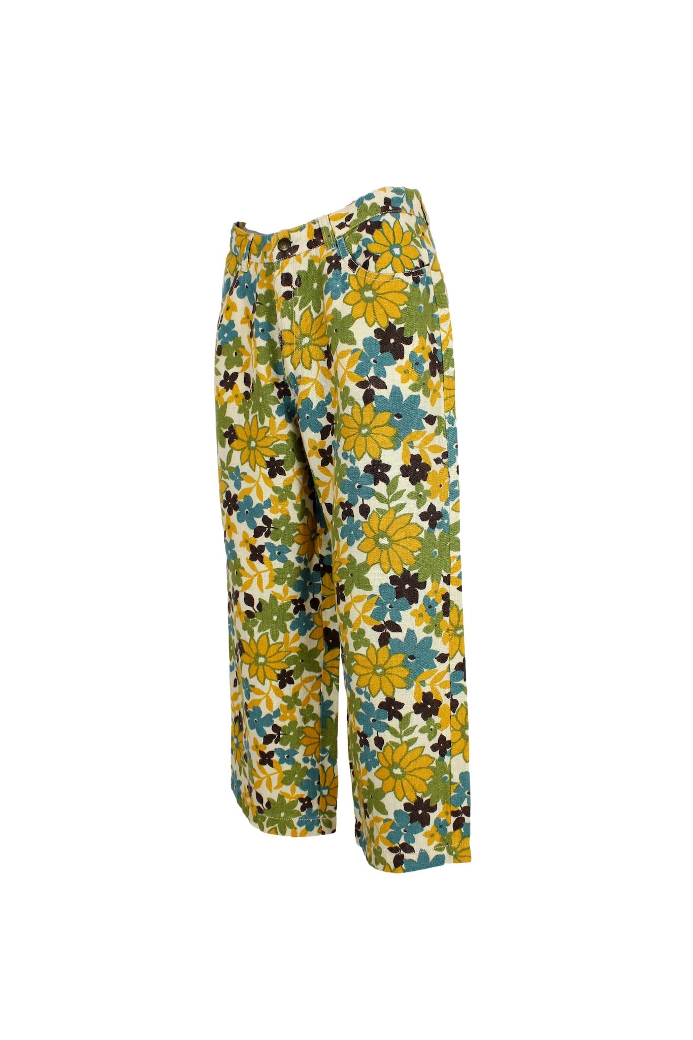 Max Mara Yellow Beige Linen Floral Casual Capri Trousers 2