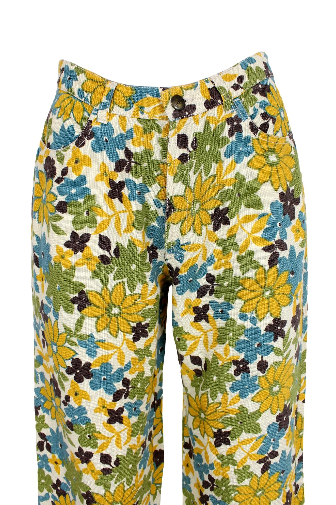 Max Mara Yellow Beige Linen Floral Casual Capri Trousers 3
