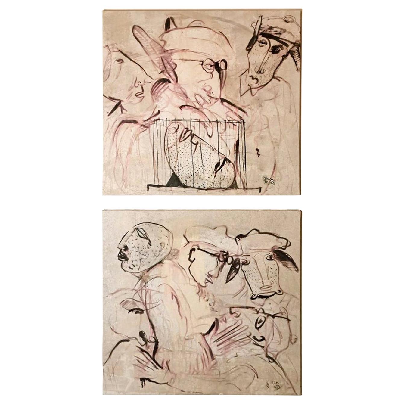 Max Marra Couple Paintings "Giudici II" Mixed Technique on Canvas, Italy