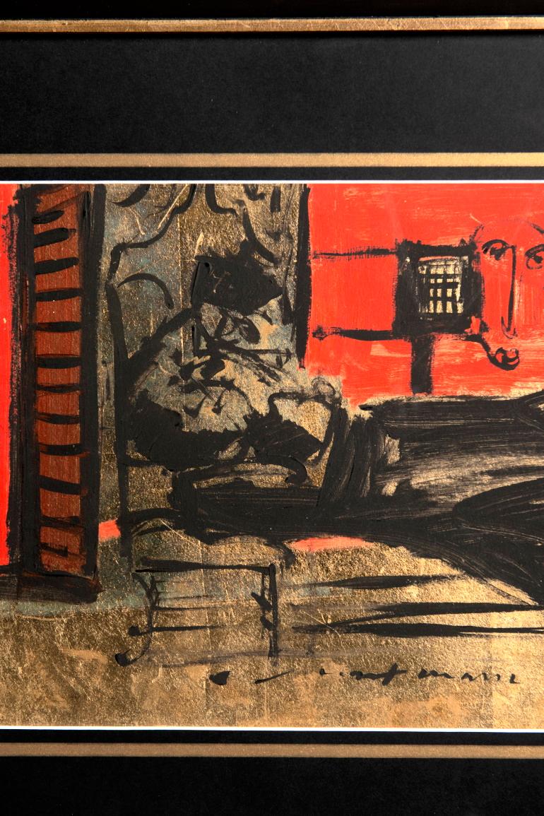 Tempera italiana contemporanea su carta firmata Max Marra 2004 (sperimentatore multimediale), tempera su fondo oro. Max Marra è nato a Paola, in Calabria, nel 1950. Si è trasferito a Lissone negli anni '70 e lavora ancora lì. Artista di grande
