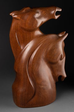 Max Meder (1937-) : "Couple of horses bust", wood sculpture C.